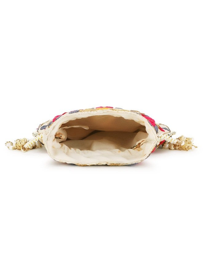 Anekaant Faux Silk Cream Colour Embroidered Potli - Image 4